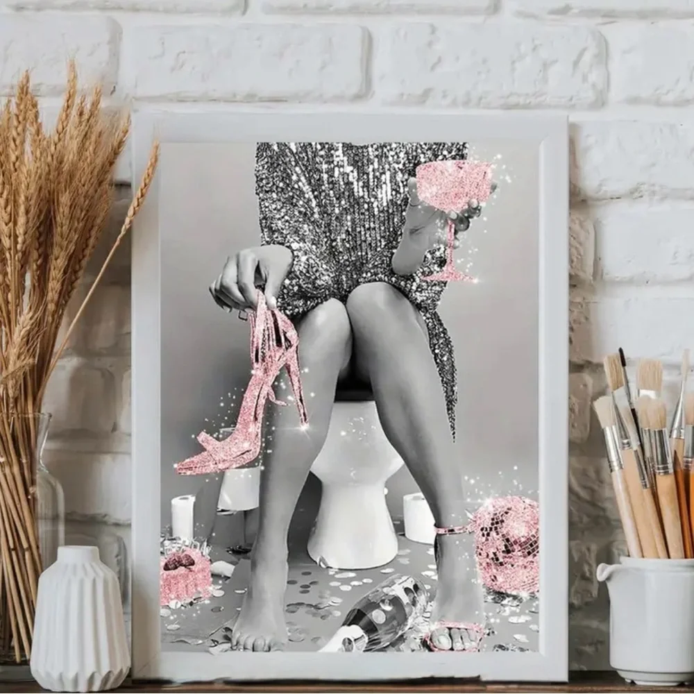 Ungramed Women on Toilet - Fashion Wall Art Bathroom Black glitter pink 8x11